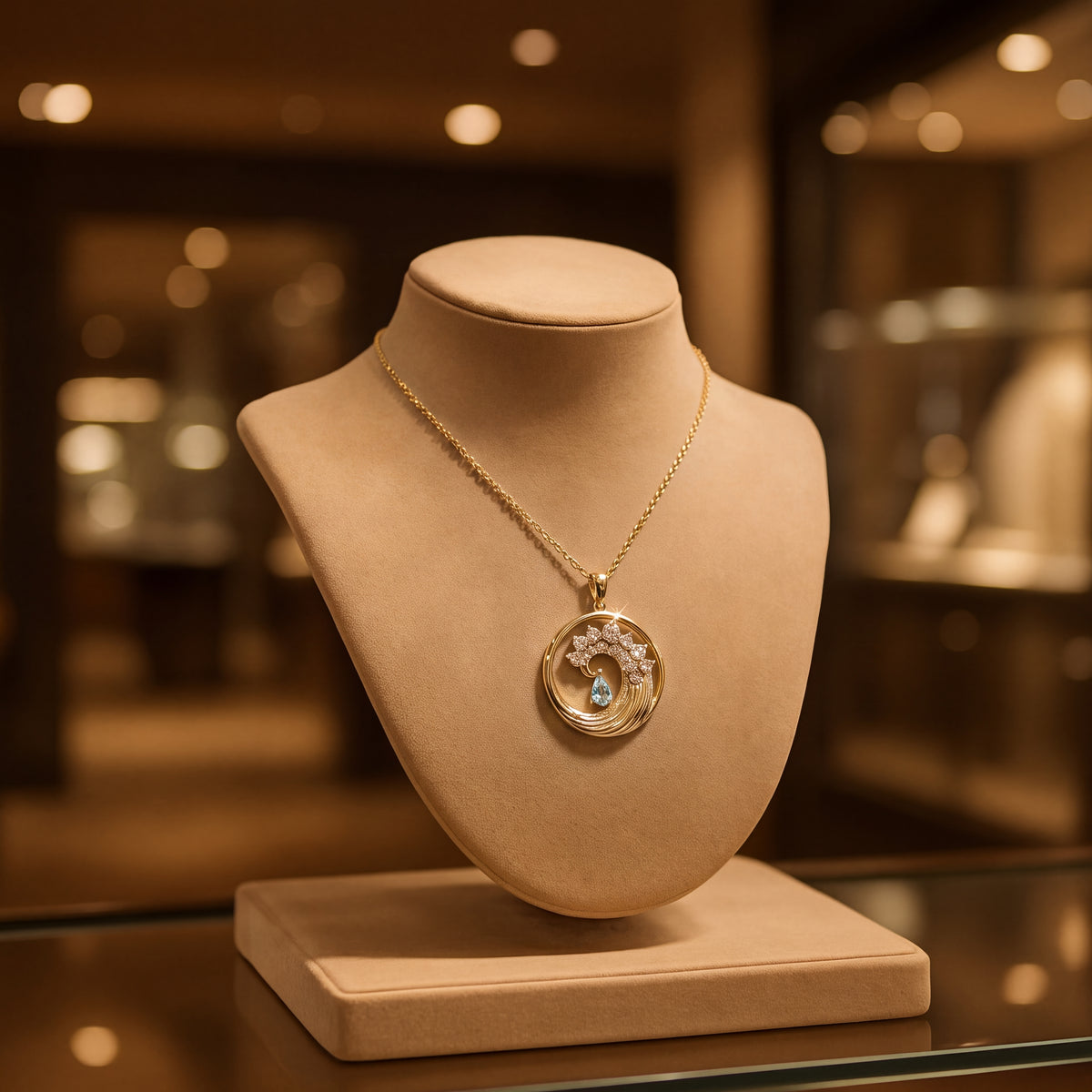 A round gold wave pendant with a pale blue drop stone, on a tan display bust.