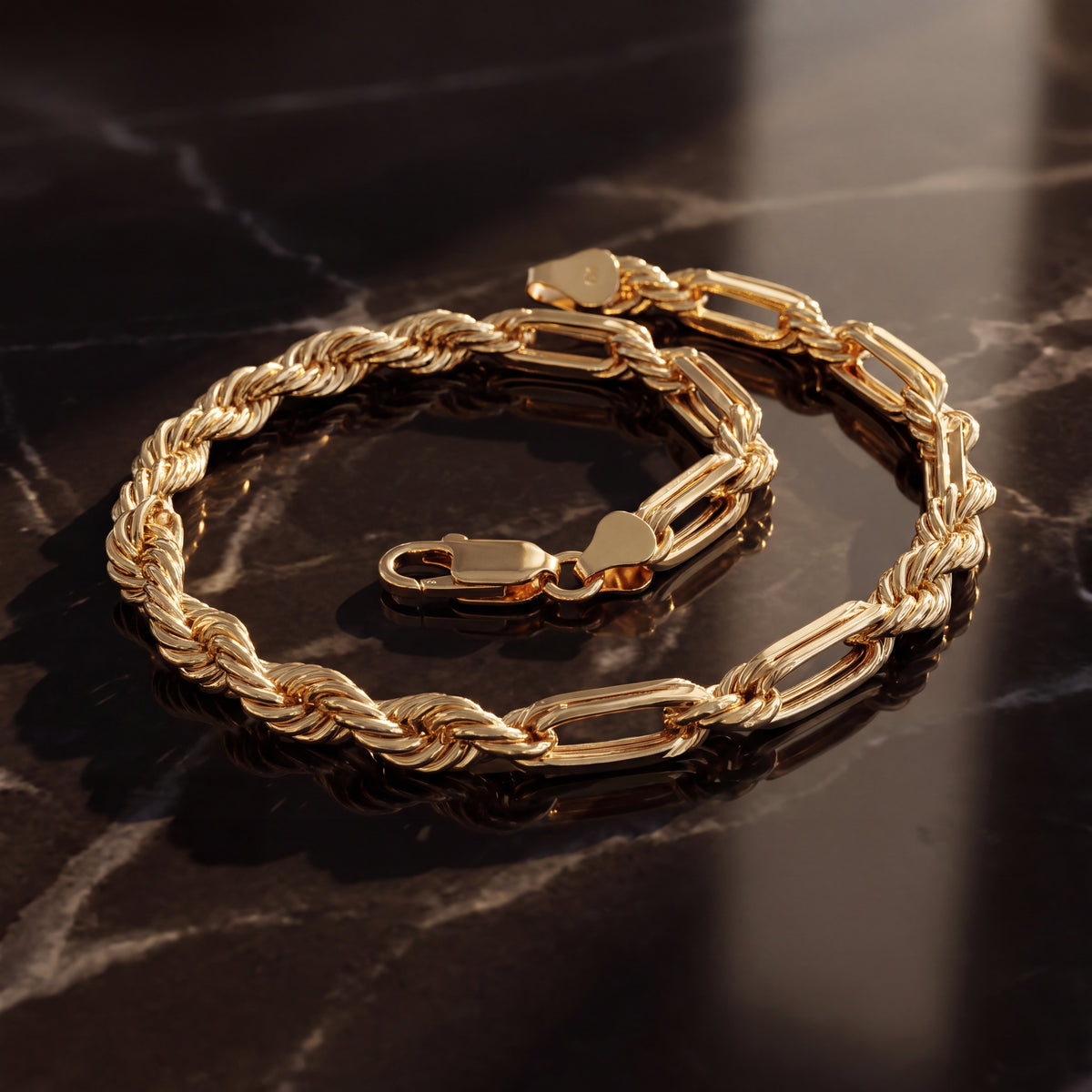 Alternating Rope and Paperclip Chain Bracelet in 14K Yellow Gold