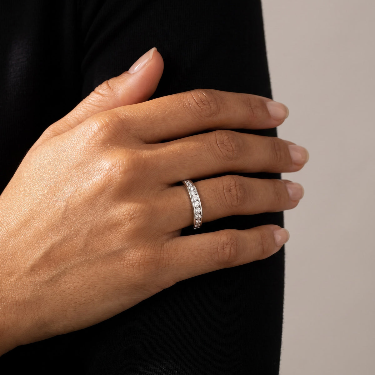 Channel-Set Diamond Band in White Gold, worn, second view