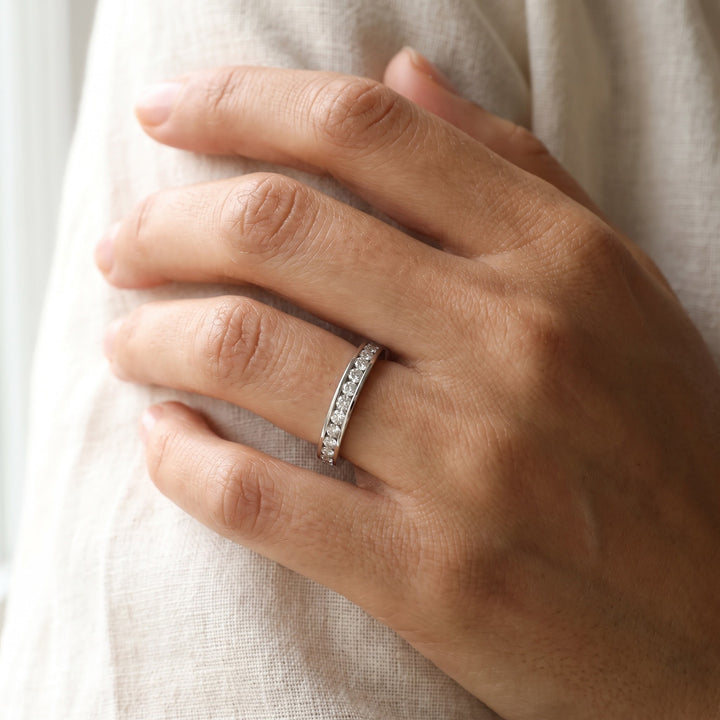 Channel-Set Diamond Band in White Gold, worn