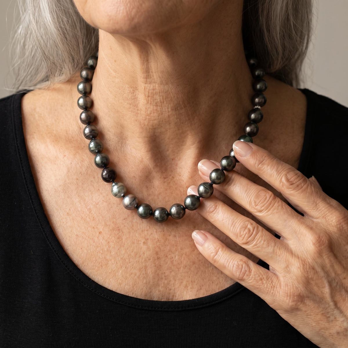 Classic Dark Pearl Knotted Necklace, worn, second view