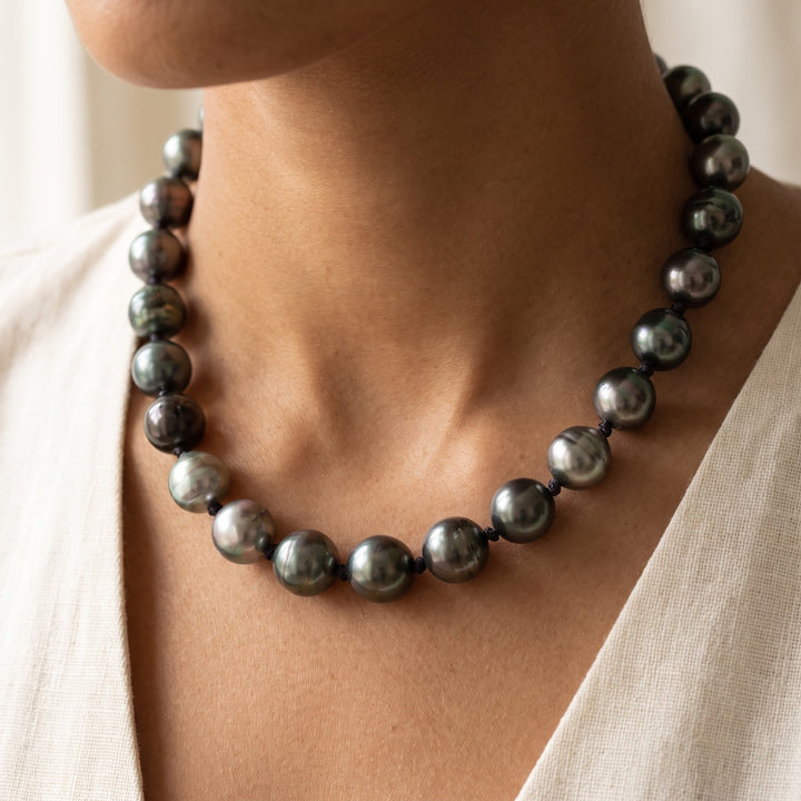 Classic Tahitian Pearl Knotted Necklace with 14K White Gold Clasp, worn