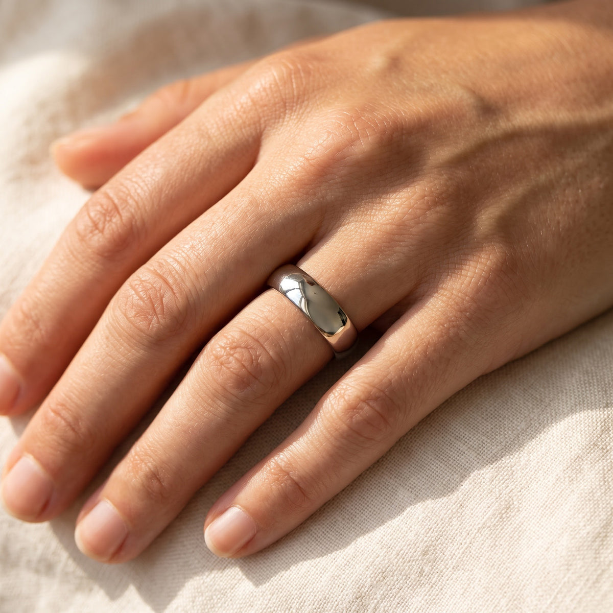 Classic Domed Wedding Band in 14K White Gold, worn
