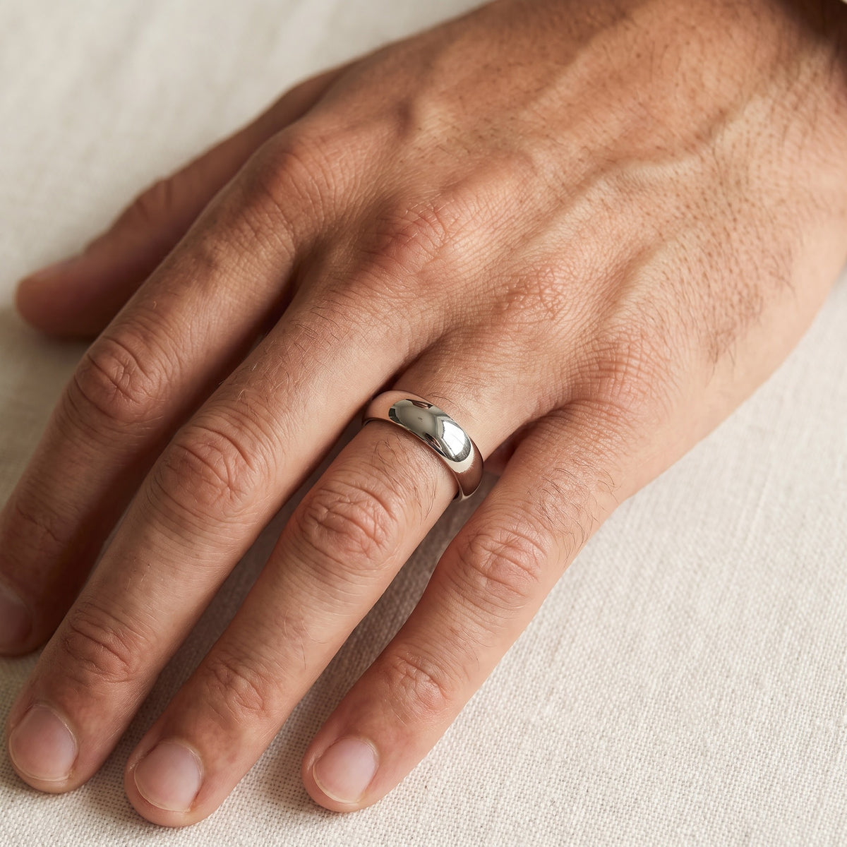Classic Polished Domed Band Ring — White Gold, worn