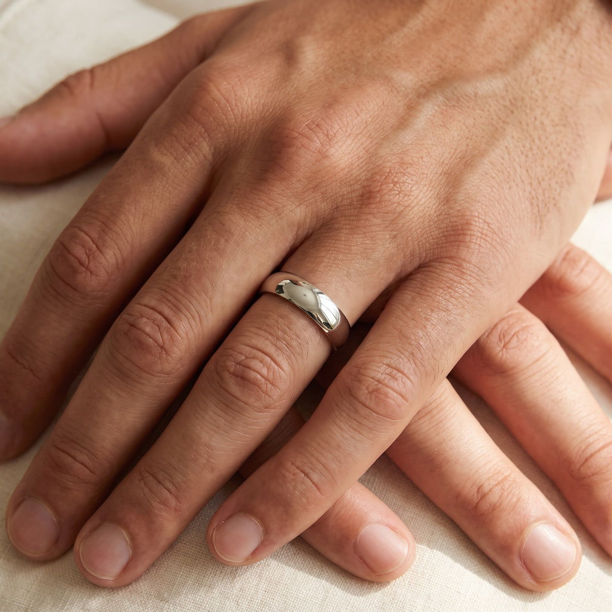 Classic White Gold Polished Band Ring, worn