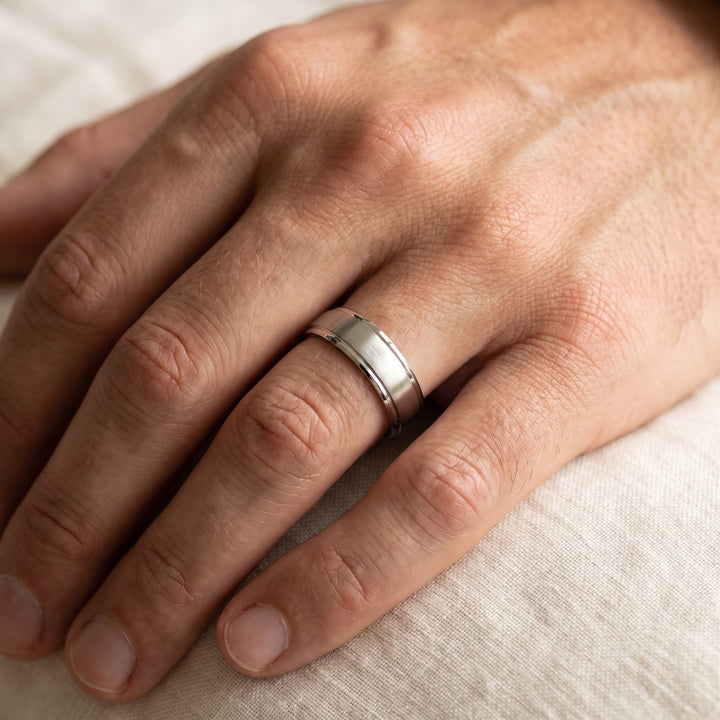 Classic Wedding Band with Brushed Finish in 14K White Gold, worn