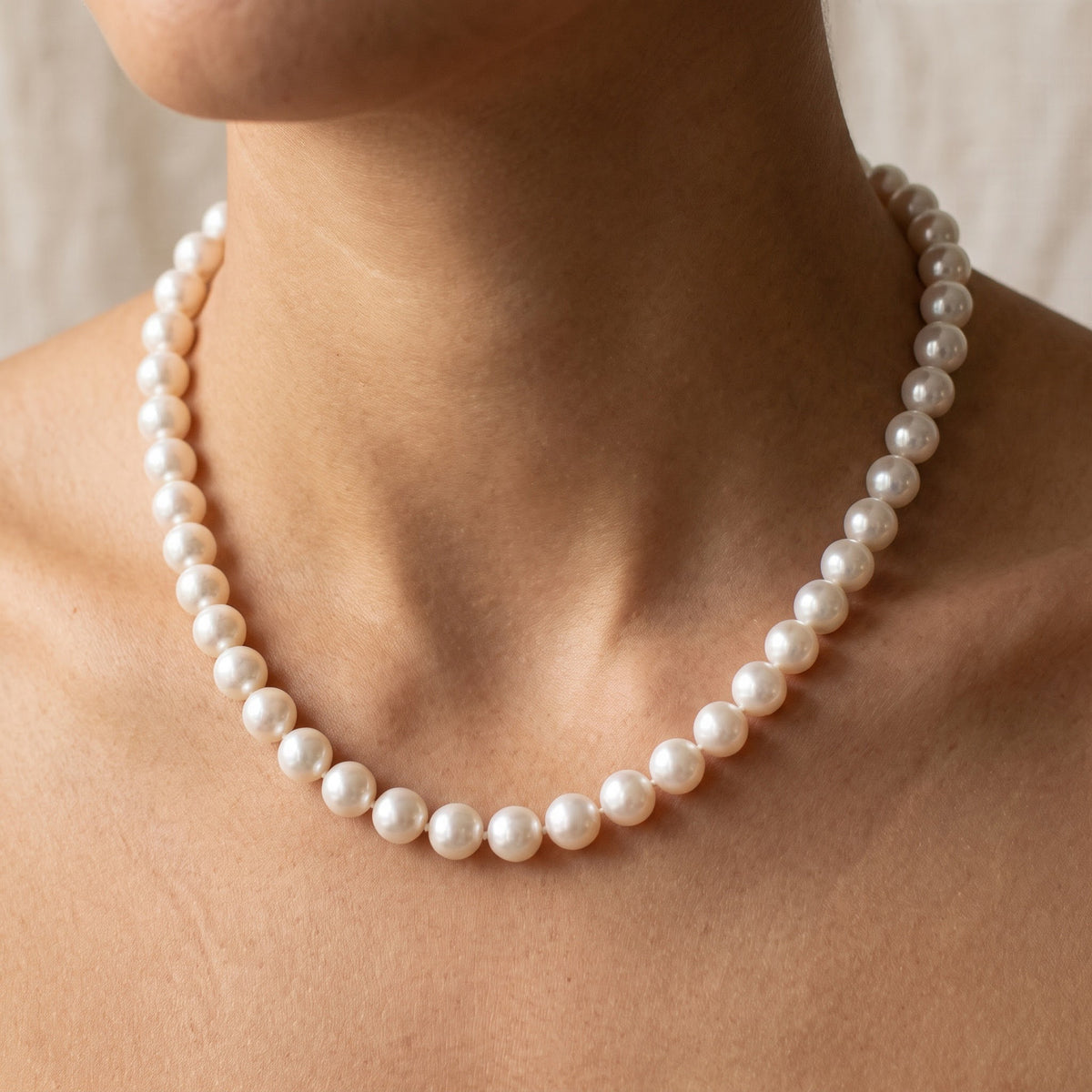 Classic White Pearl Strand Necklace, worn