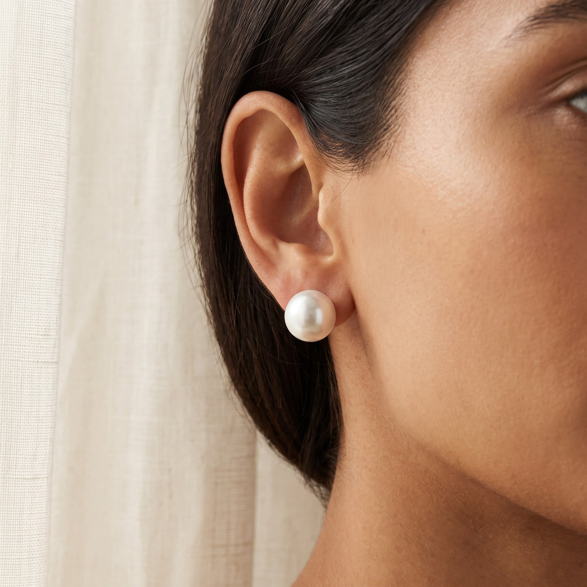 Classic White South Sea Pearl Stud Earrings, worn