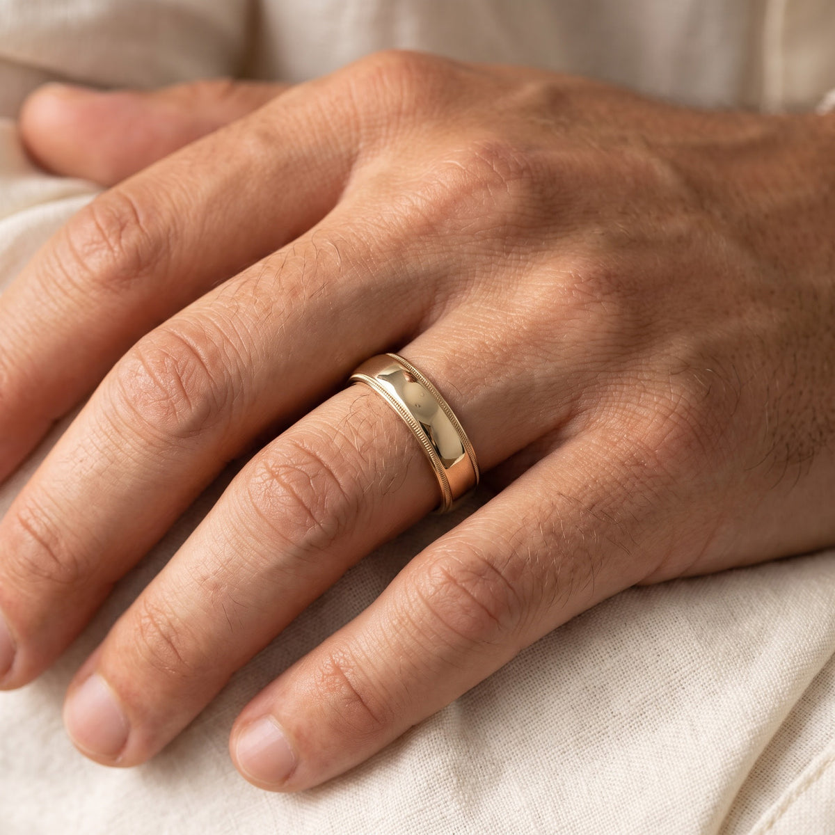 Classic Yellow Gold Milgrain Wedding Ring, worn