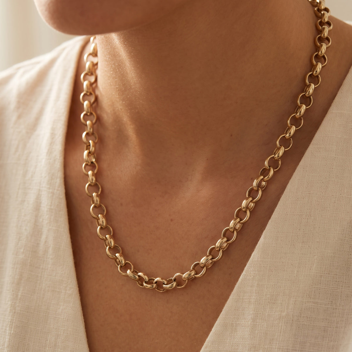 Classic Yellow Gold Rolo Chain Necklace, worn