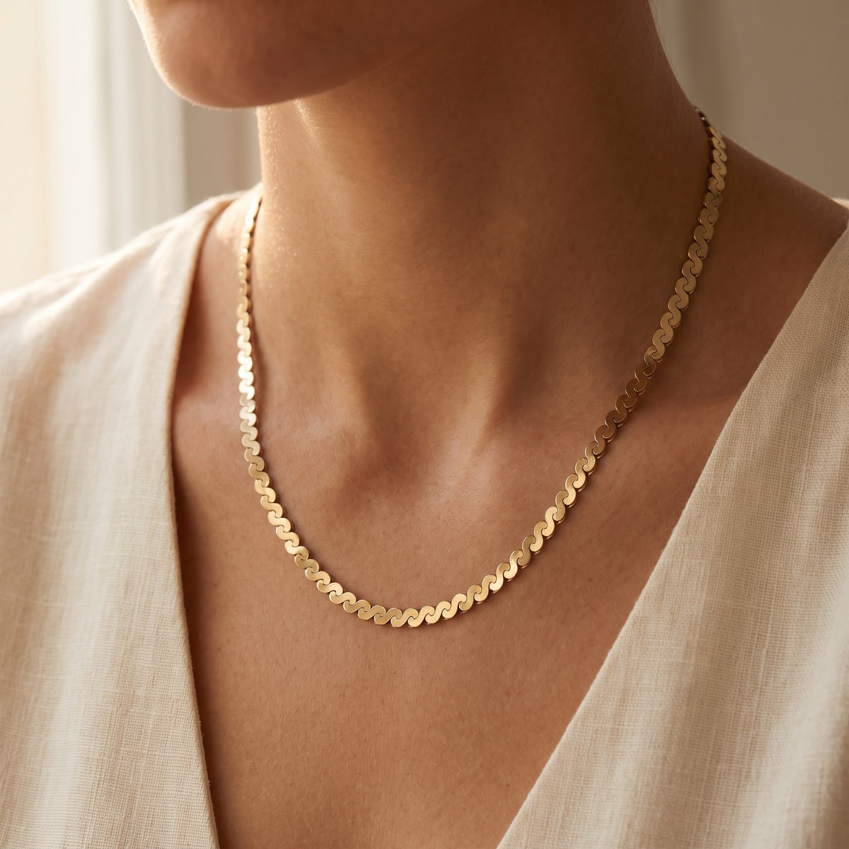 Classic Yellow Gold Serpentine Chain Necklace, worn