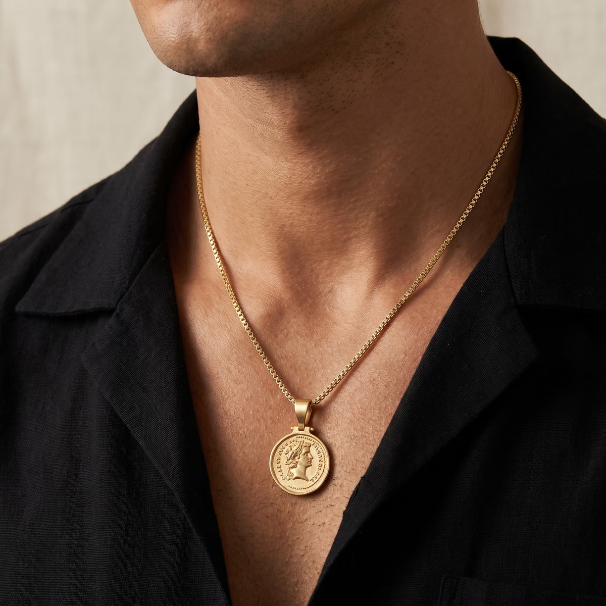 Classical Coin Portrait Pendant Necklace in 18K Yellow Gold, worn