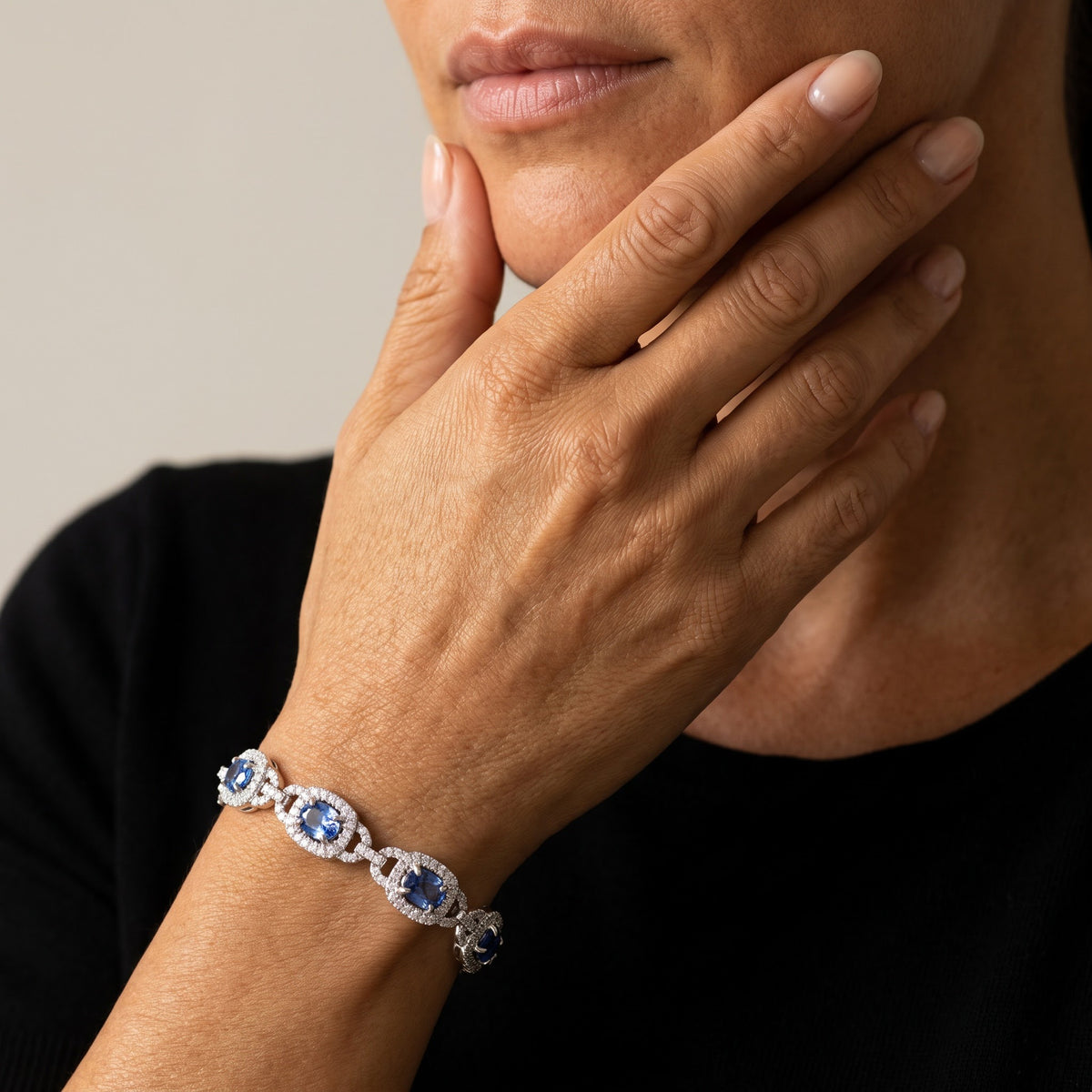 Cornflower Blue Sapphire Halo Chain Bracelet in White Gold, worn, second view