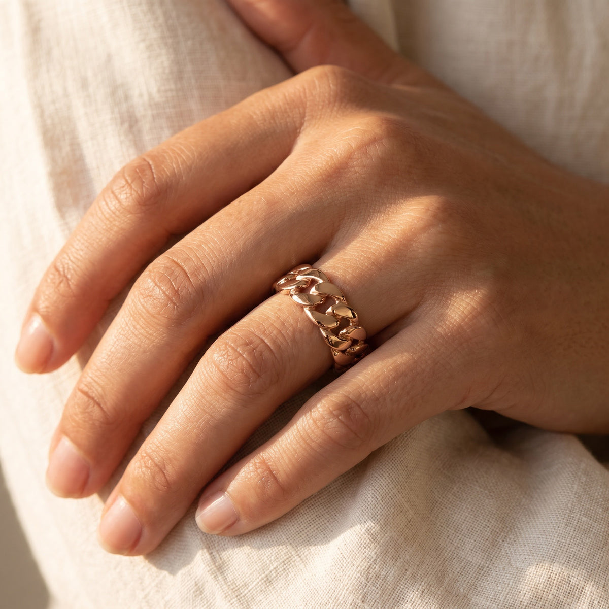 Cuban Link Band Ring in 14K Rose Gold, worn