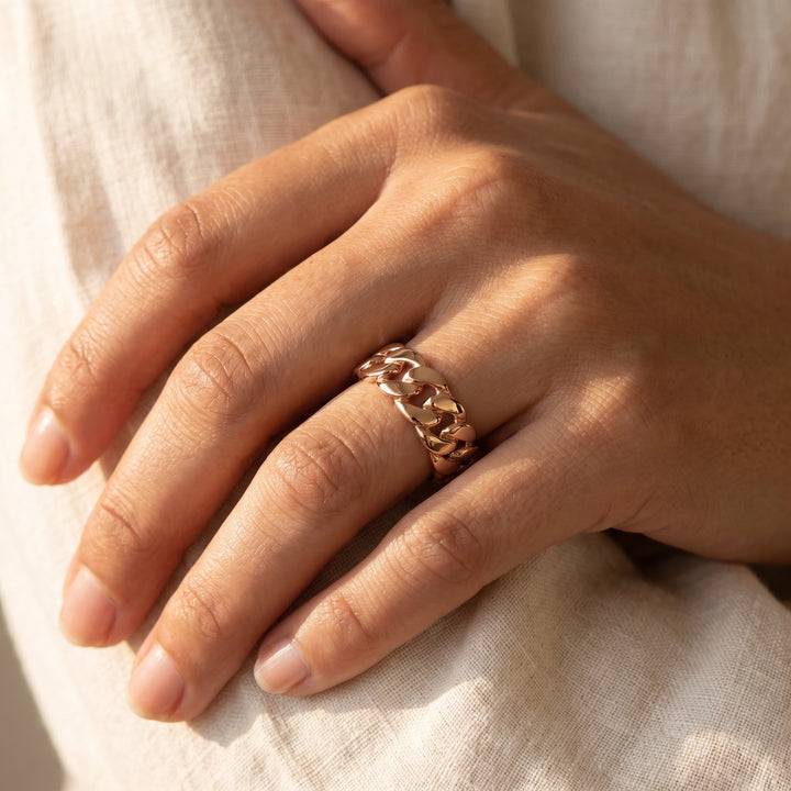 Cuban Link Band Ring in 14K Rose Gold, worn