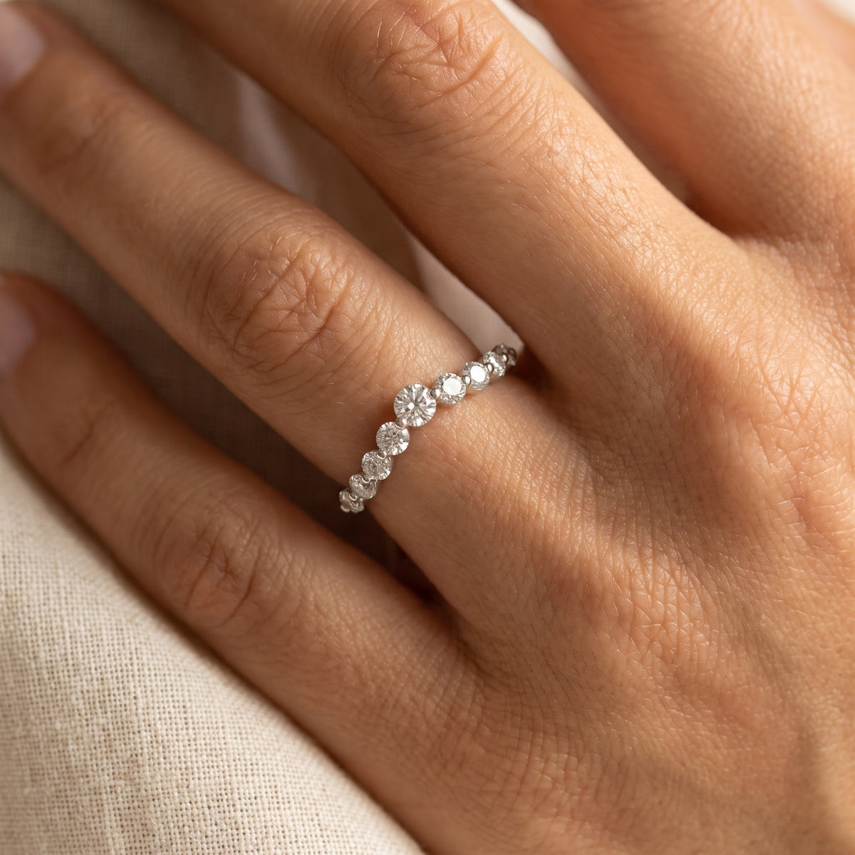 Curved Diamond Wedding Band in 14K White Gold, worn