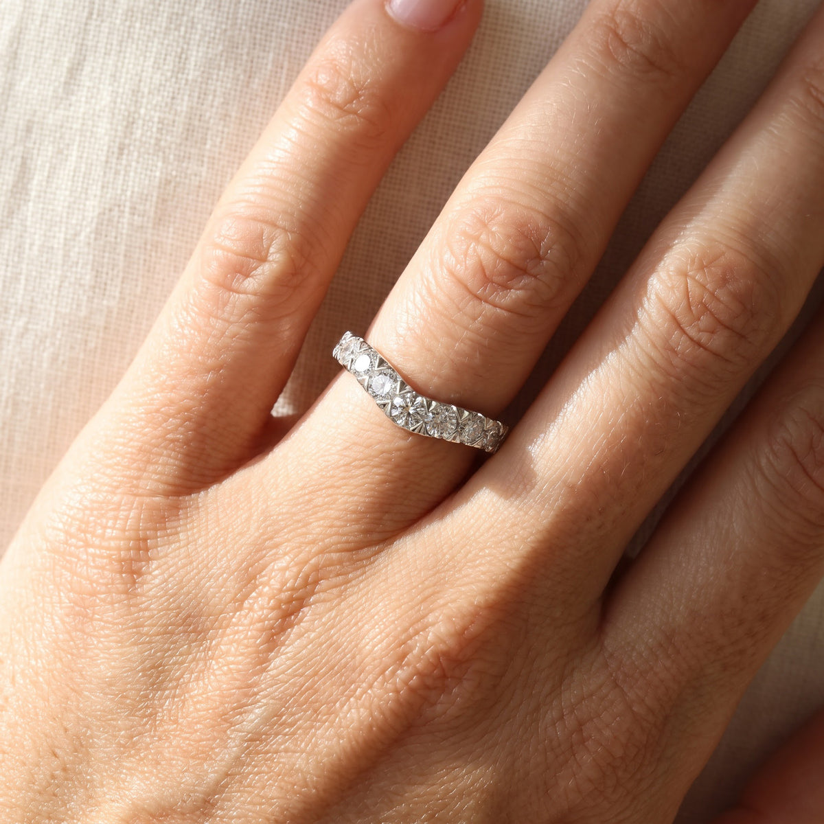 Curved Diamond Wedding Band in 14K White Gold, worn