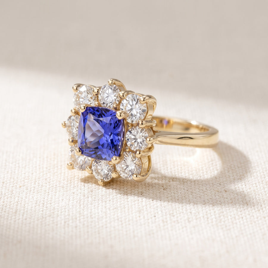 Cushion-Cut Tanzanite Floral Halo Cocktail Ring in Yellow Gold