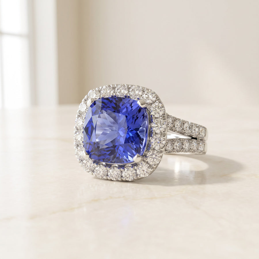 Cushion Cut Tanzanite Halo Cocktail Ring in White Gold