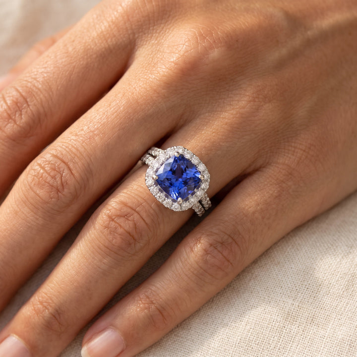 Cushion Cut Tanzanite Halo Cocktail Ring in White Gold, worn