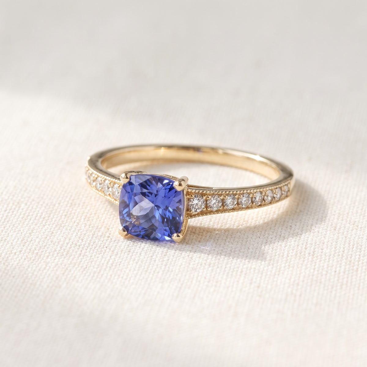 0.88 ct Cushion-Cut Tanzanite Ring with Diamond Accents in 14K Yellow Gold