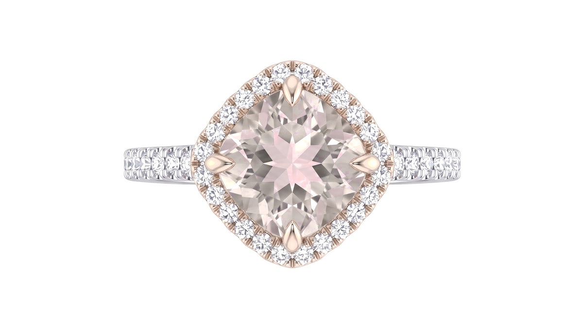 Cushion Morganite and Diamond Halo Engagement Ring in 14K White and Rose Gold, studio