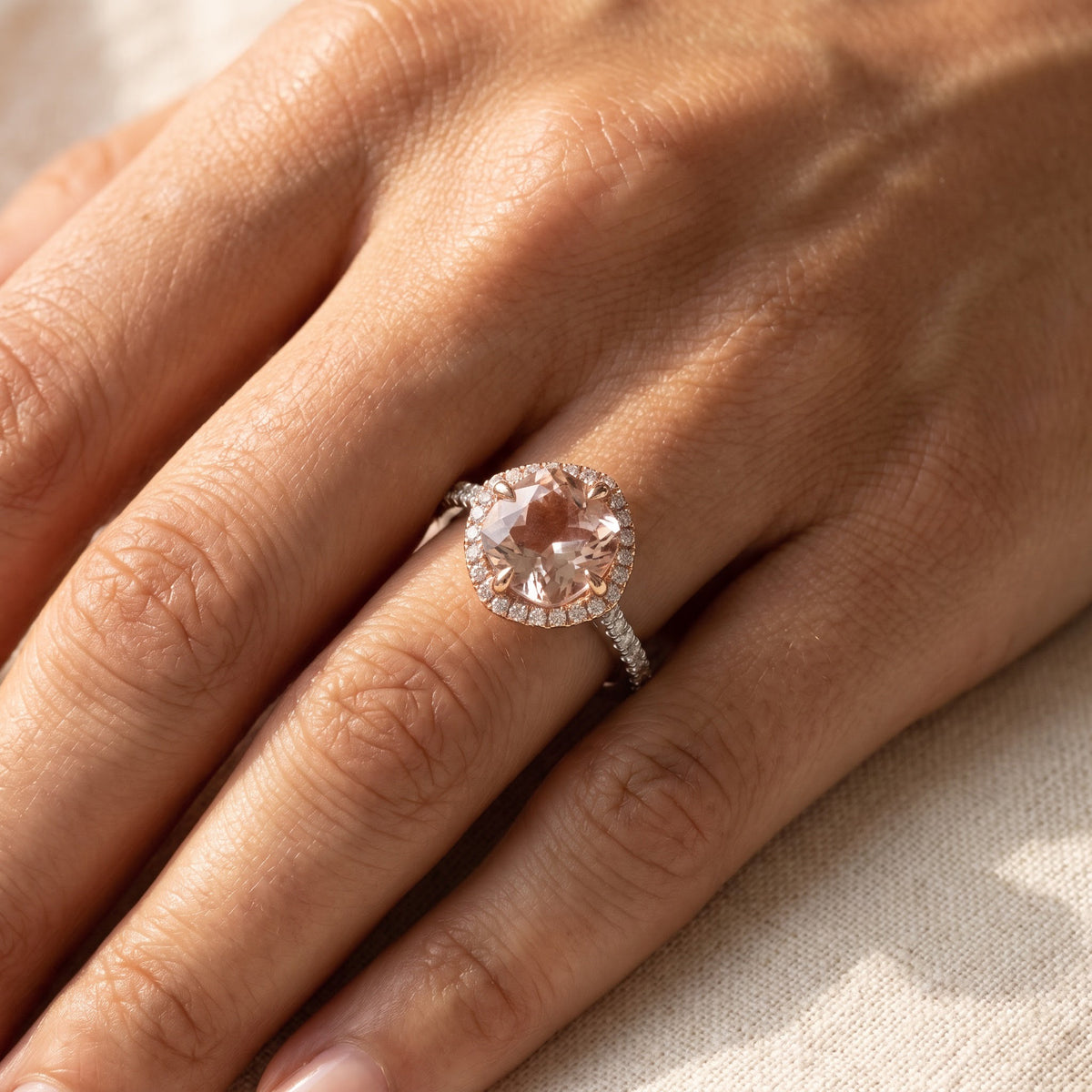 Cushion Morganite Halo Engagement Ring in White Gold, worn