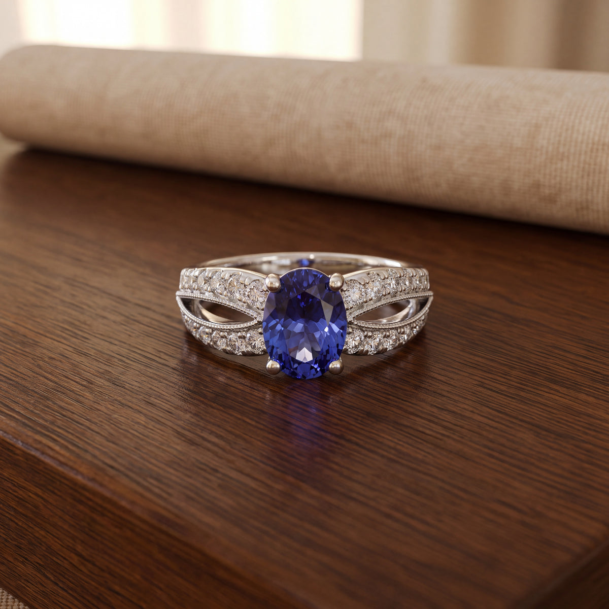 Oval tanzanite in four prongs on a white gold split shank with diamonds