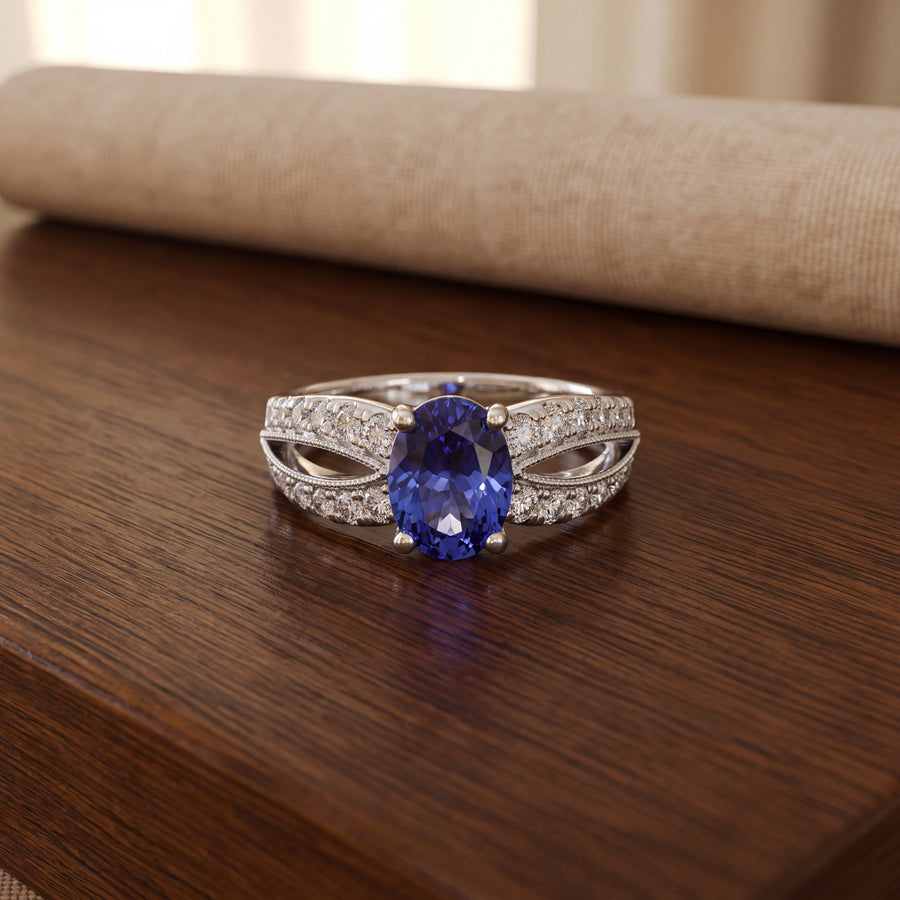 Oval tanzanite in four prongs on a white gold split shank with diamonds