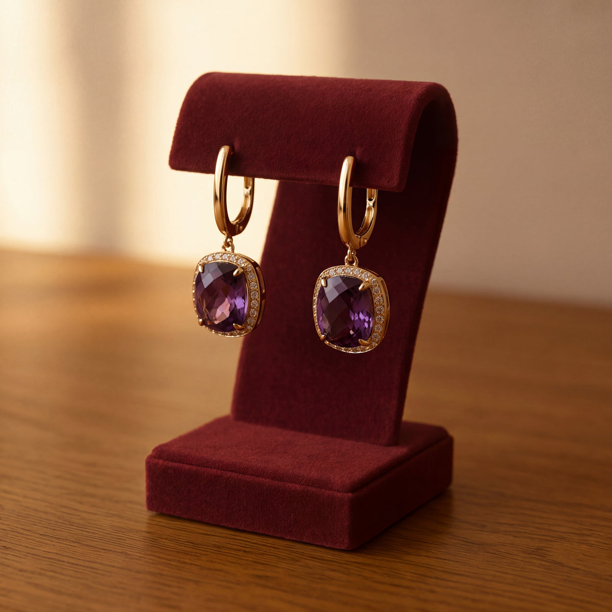 Cushion-cut amethyst drop earrings in diamond halos, yellow gold