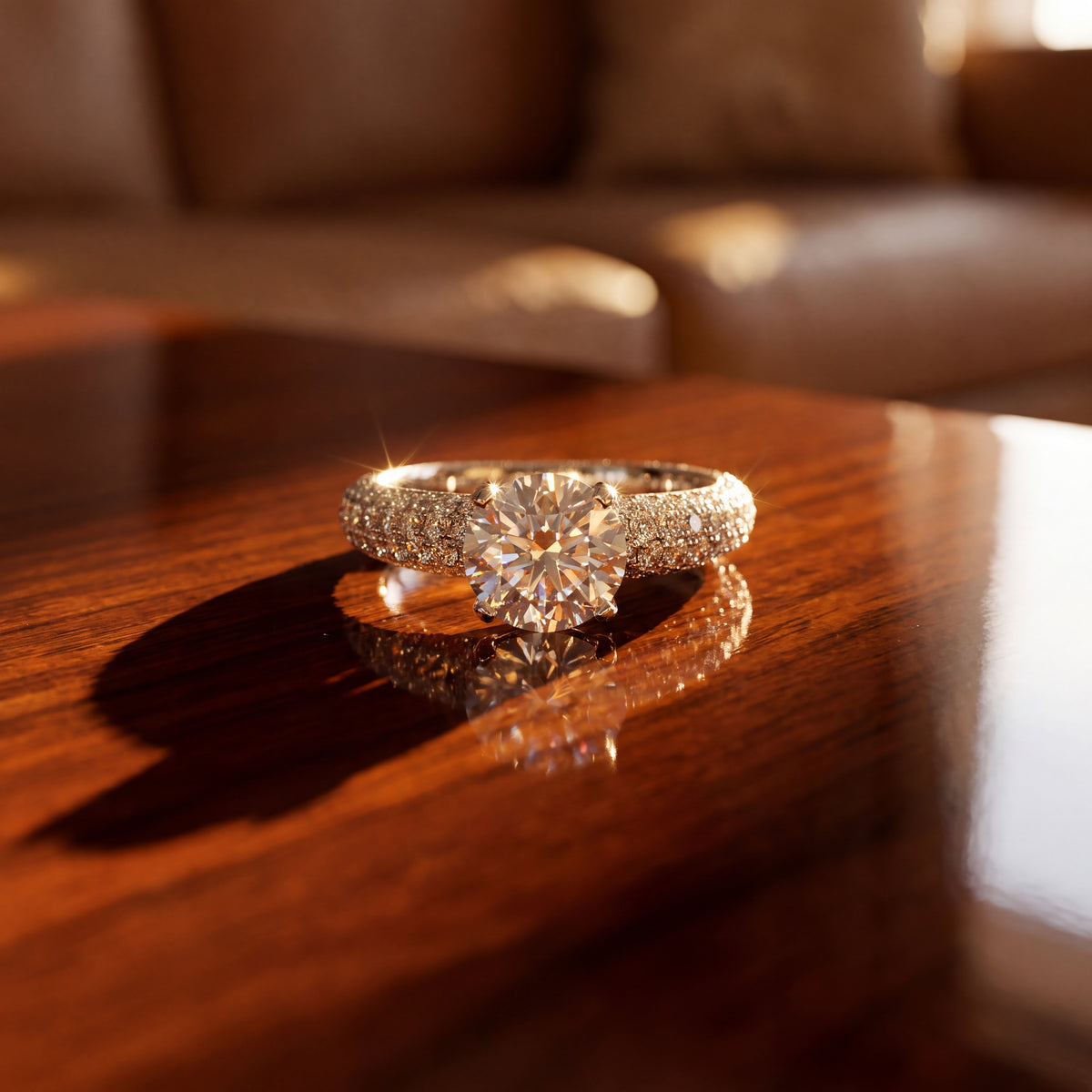 Round diamond ring on a band set with rows of pavé diamonds