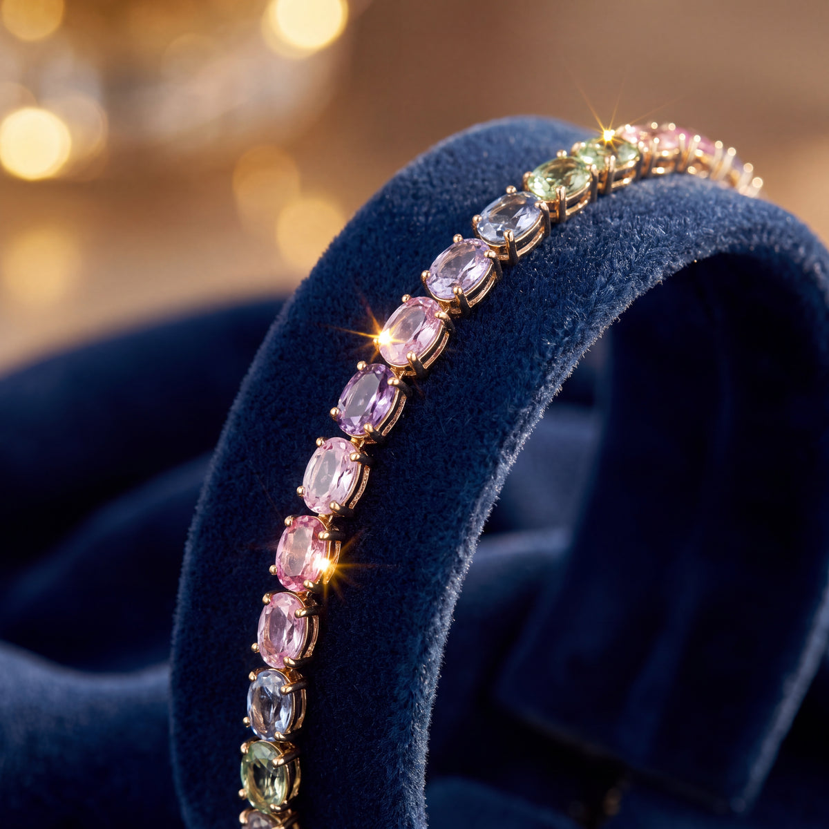 Tennis bracelet of oval pastel sapphires in yellow gold