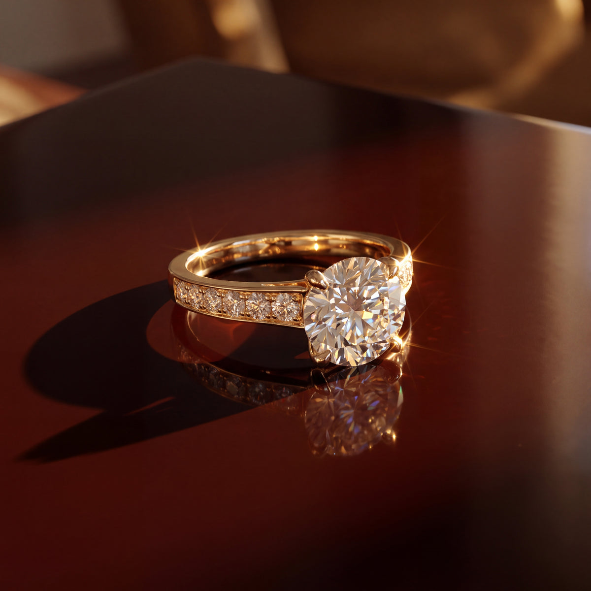 Round diamond ring on a yellow gold band lined with small diamonds