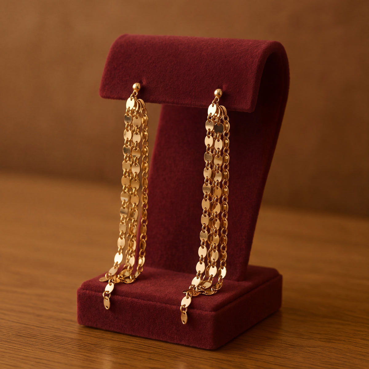 Long yellow gold dangle earrings of flat disc links