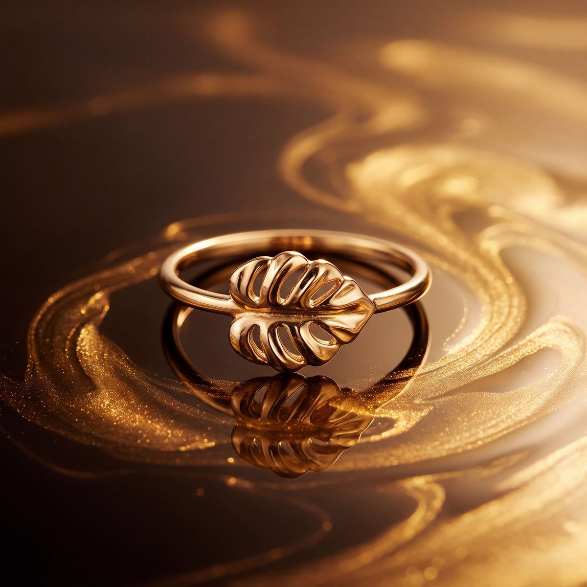 Slender yellow gold ring with a single openwork leaf