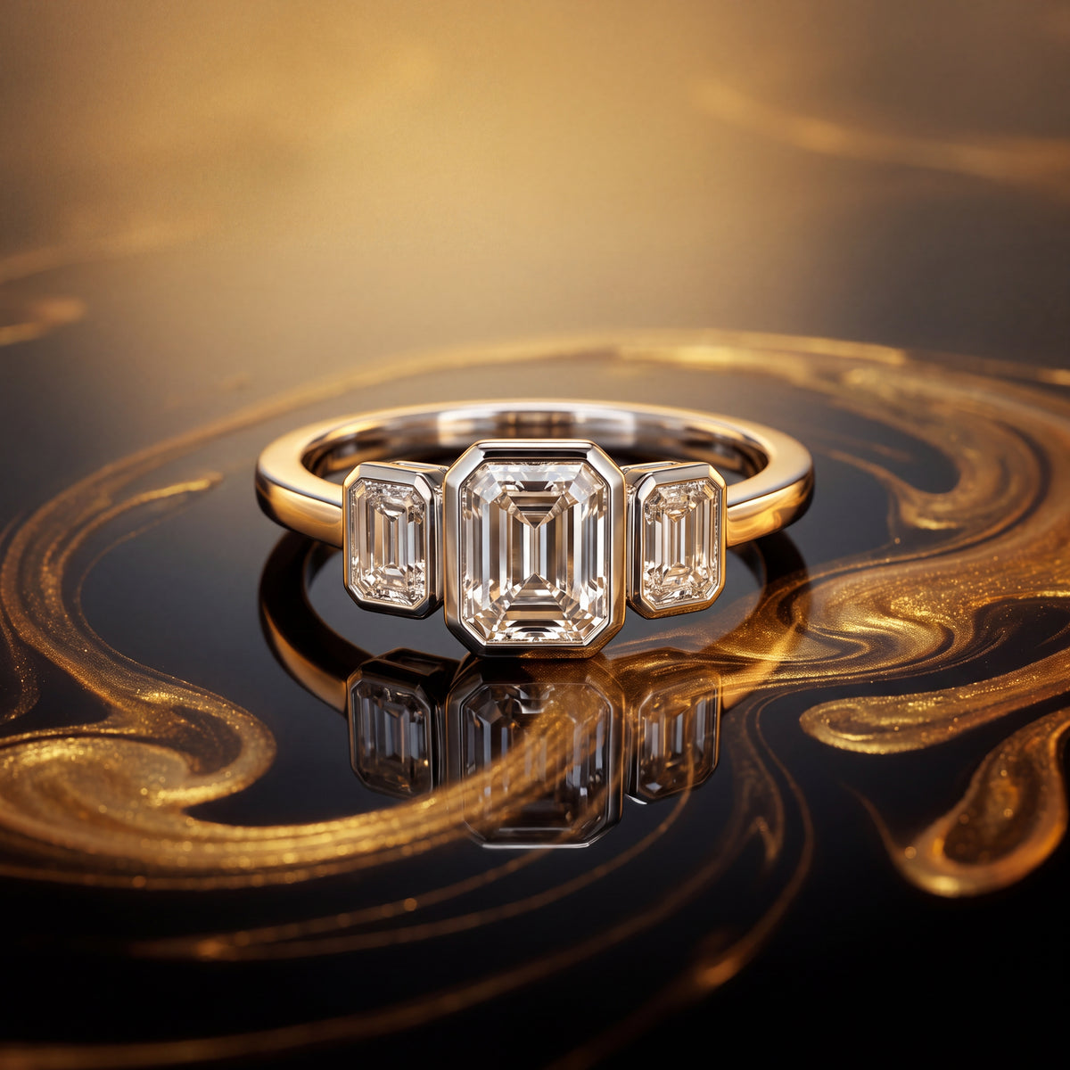 Three-stone ring of radiant-cut diamonds in low bezel settings