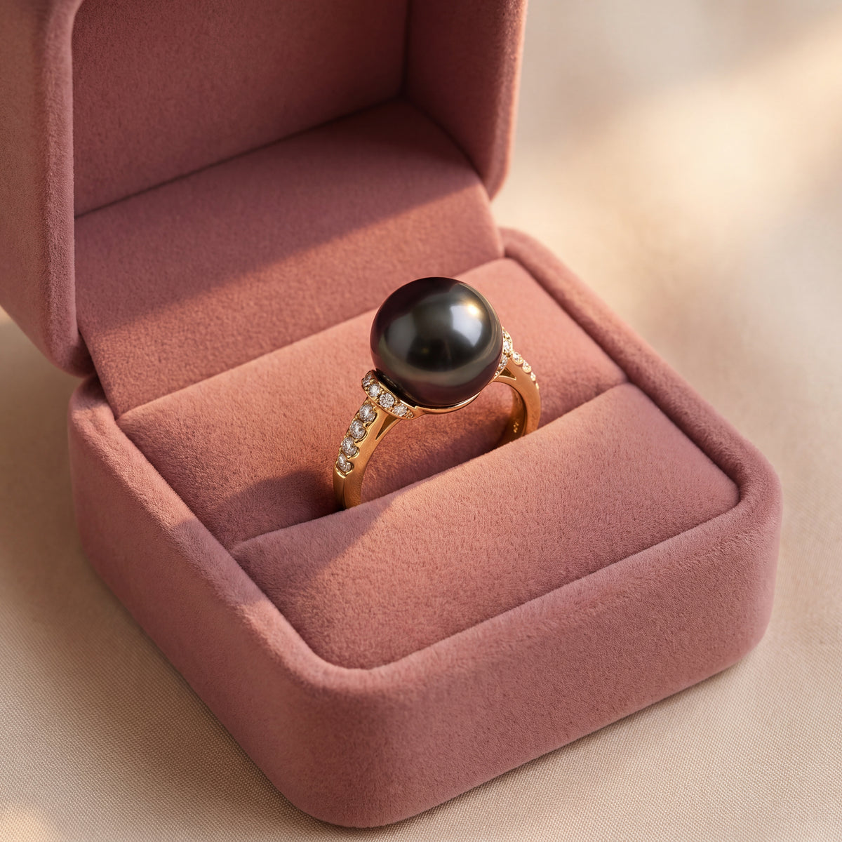 Black pearl ring with small diamonds along a yellow gold band