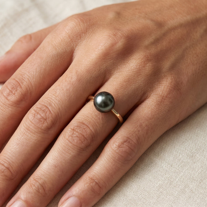 Tahitian Pearl Solitaire Ring in 14K Yellow Gold, worn