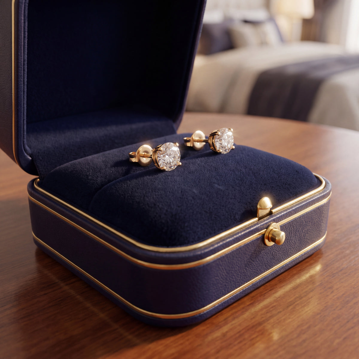 Pair of round diamond stud earrings in yellow gold