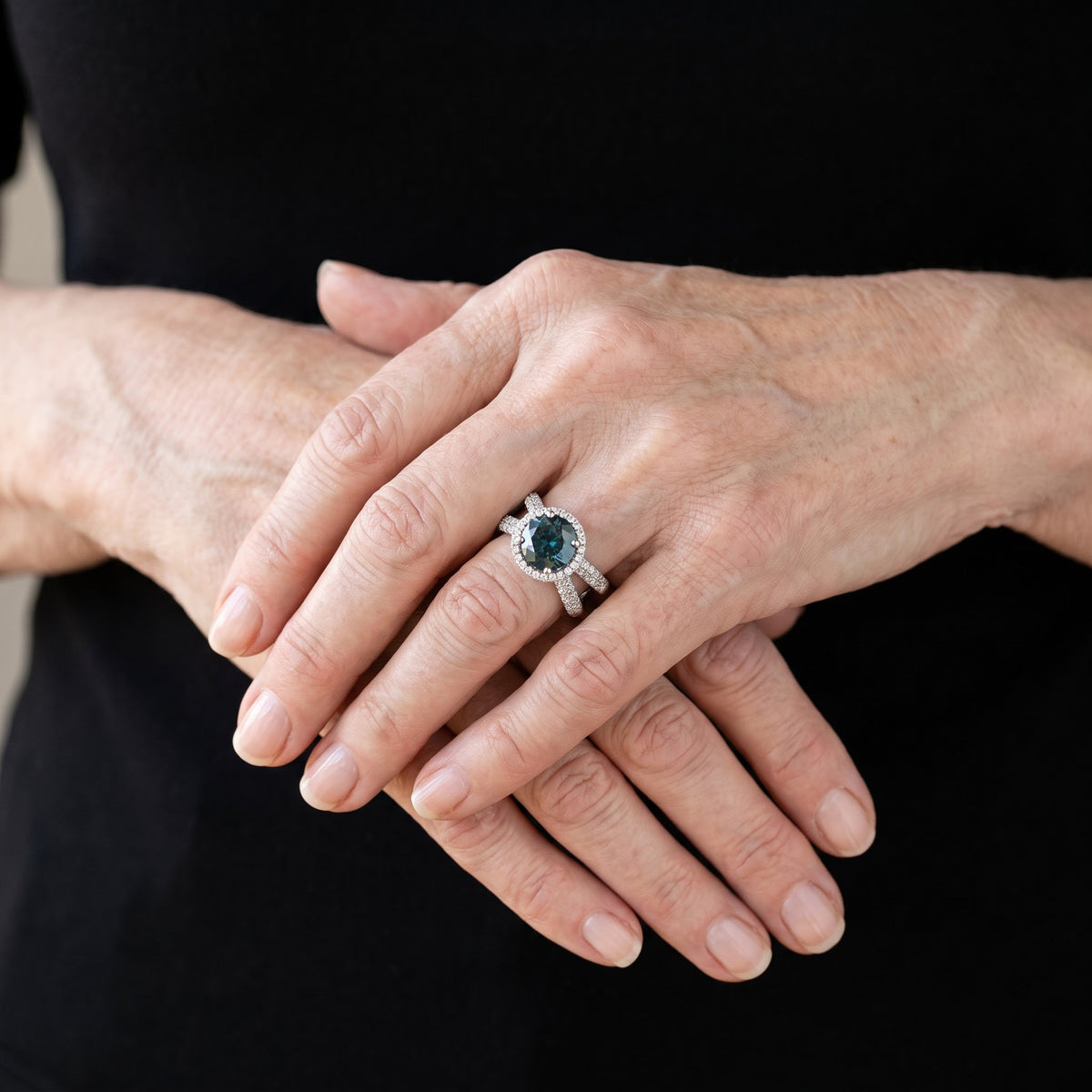Deep Blue Diamond Halo Split-Shank Cocktail Ring, worn, second view