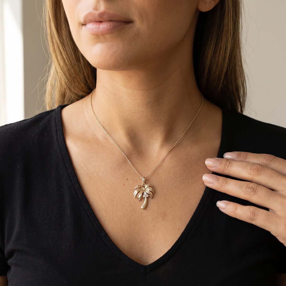 Diamond Accent Palm Tree Pendant Necklace in Yellow Gold, worn, second view