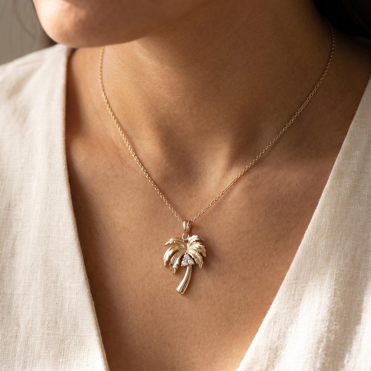 Diamond Accent Palm Tree Pendant Necklace in Yellow Gold, worn