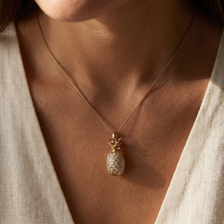 0.99 ct Diamond Pineapple Charm Necklace in 14K Yellow Gold, worn