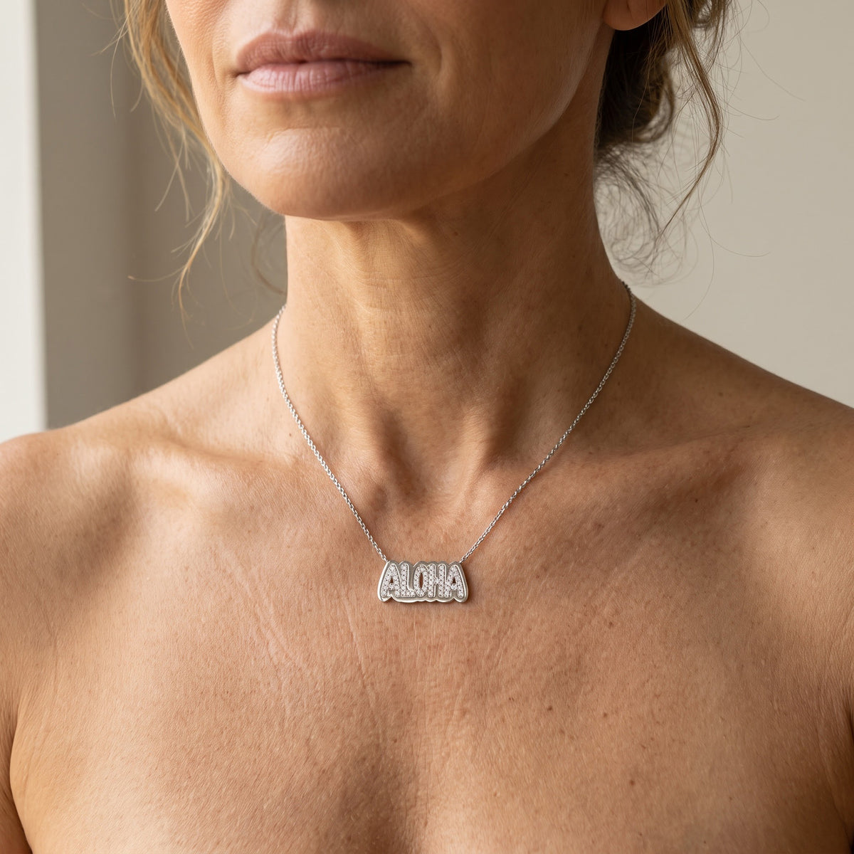 Diamond ALOHA Word Necklace in White Gold, worn, second view