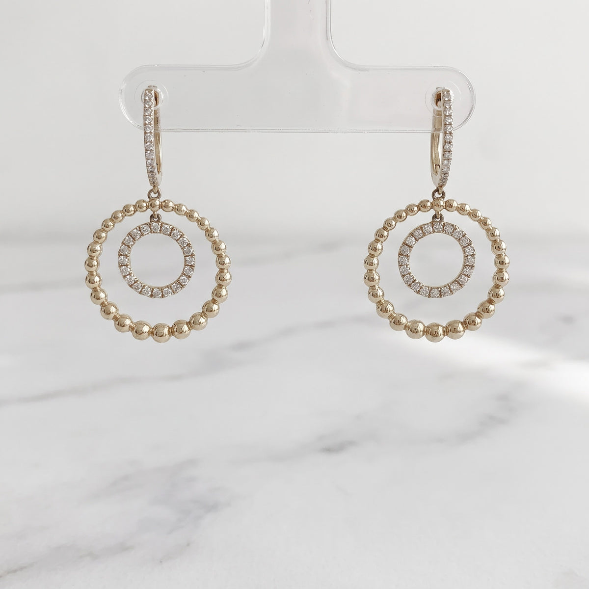 Diamond and Yellow Gold Beaded Double Hoop Drop Earrings