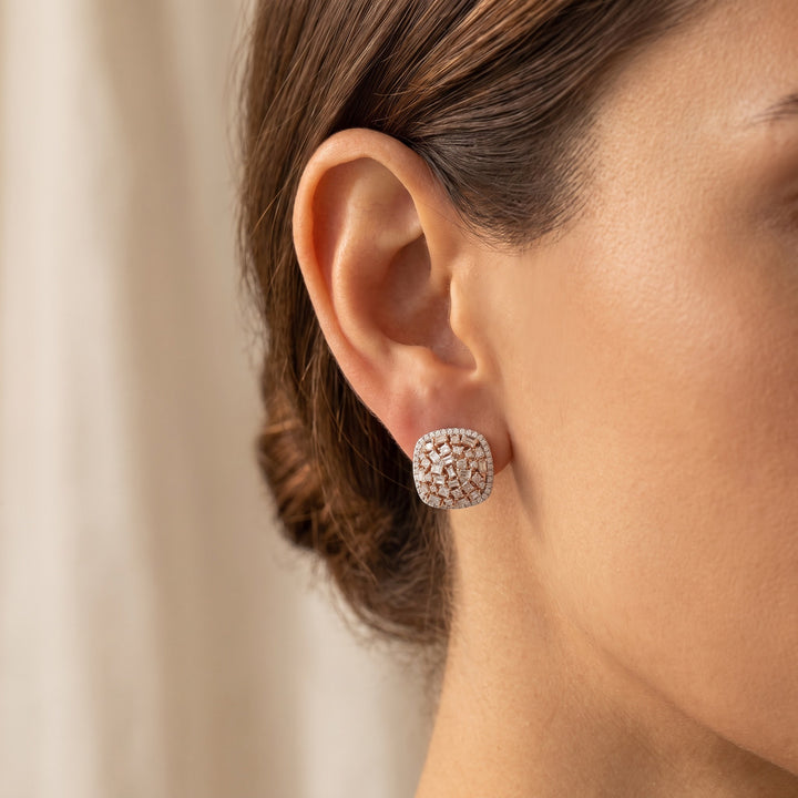 2.58 ct Baguette and Round Diamond Cluster Halo Stud Earrings in 14K Rose and White Gold, worn
