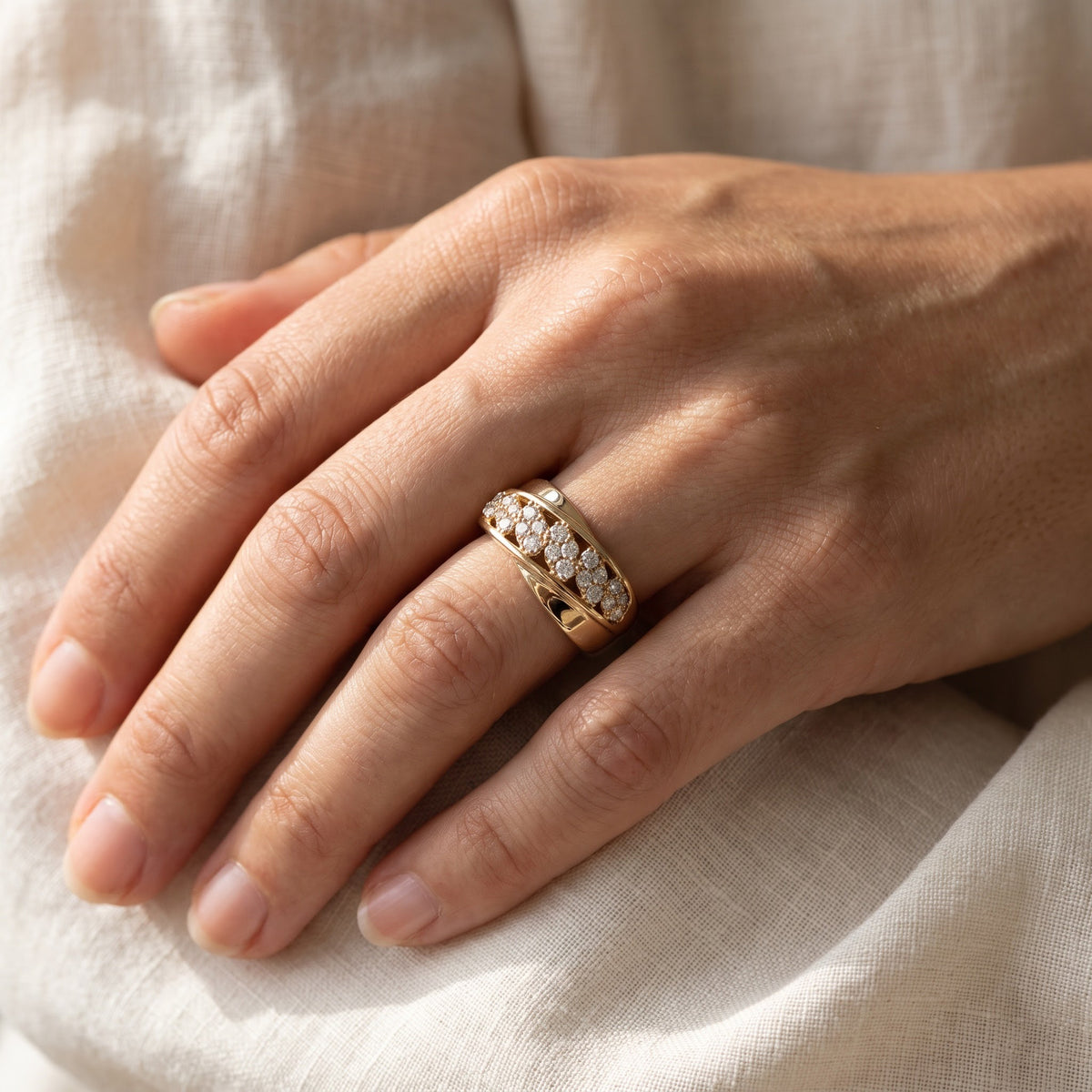 Diamond Cluster Bypass Ring in Yellow Gold, worn