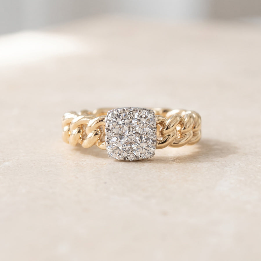 Diamond Cluster Chain Link Ring in 14K Yellow and White Gold