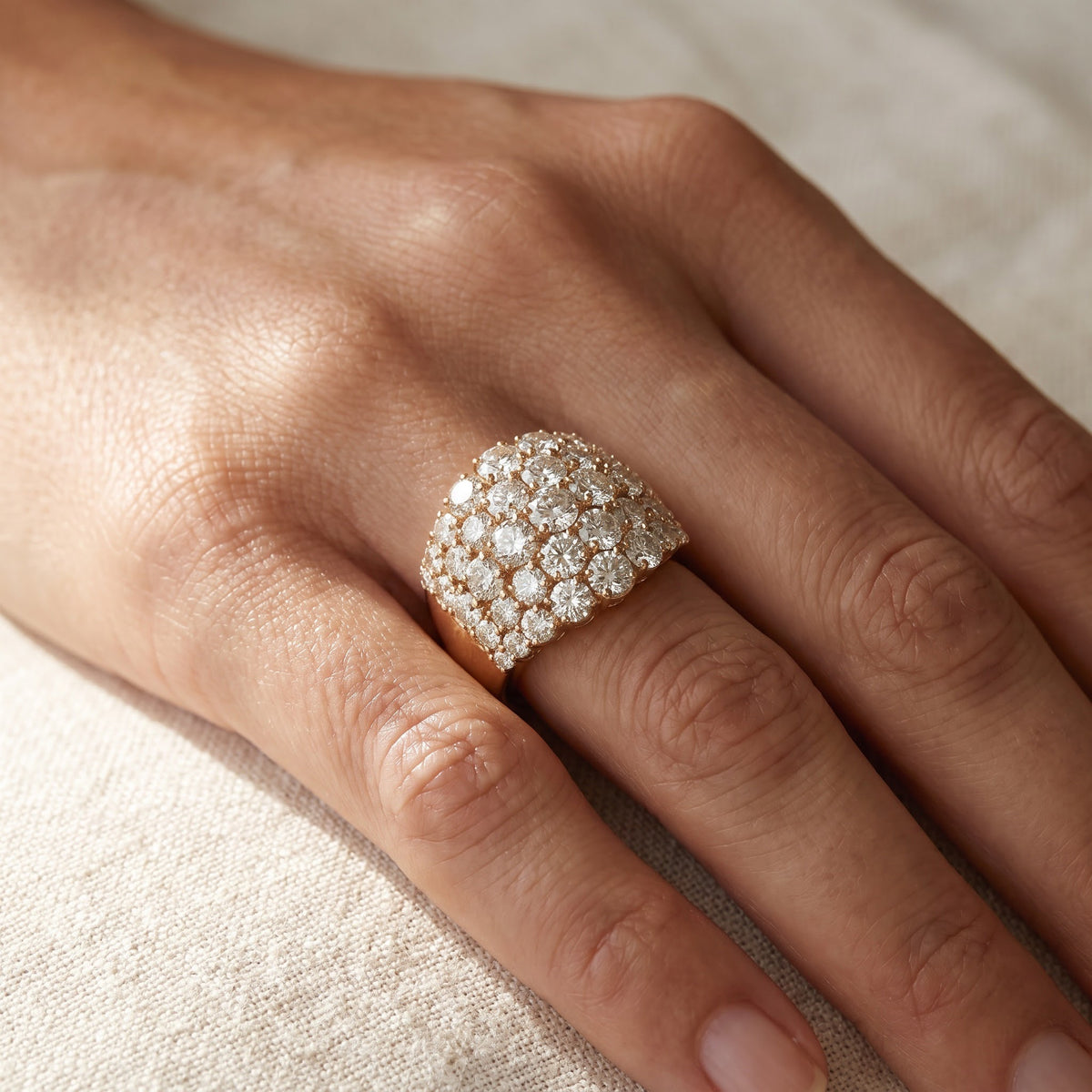 Diamond Cluster Dome Cocktail Ring in 14K Yellow Gold, worn