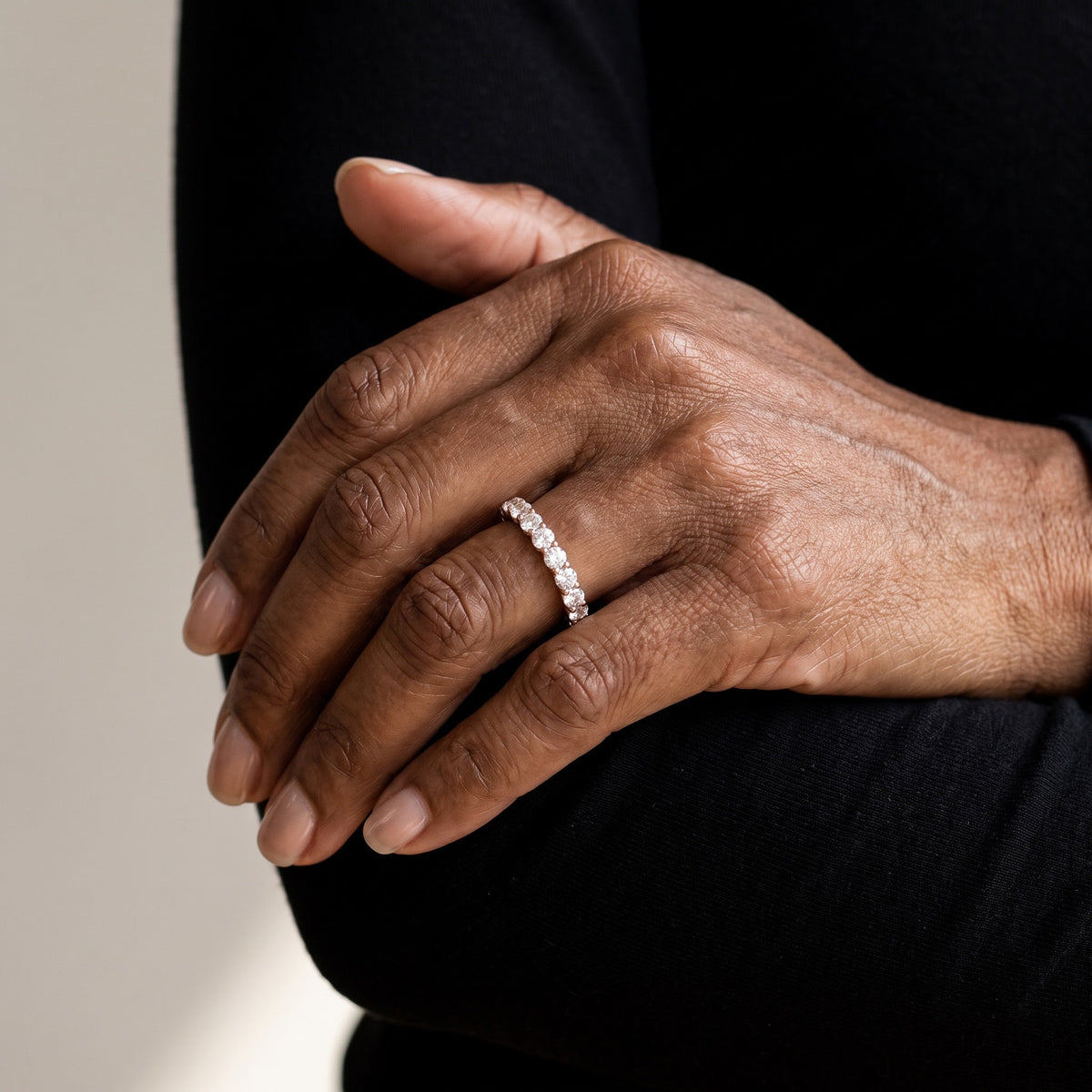 Diamond Eternity Ring in Rose Gold, worn, second view